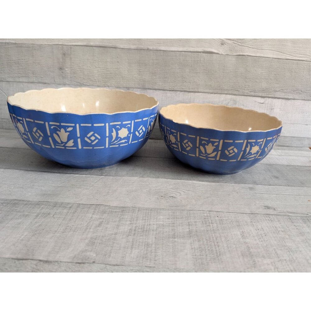 Vintage Villeroy Boch Blue & Cream Scalloped Ceramic Mixing Bowls Set Of 2